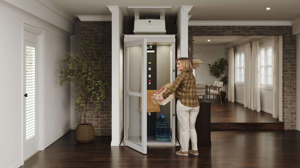 Two-story home elevator installation showing the compact footprint and clean design