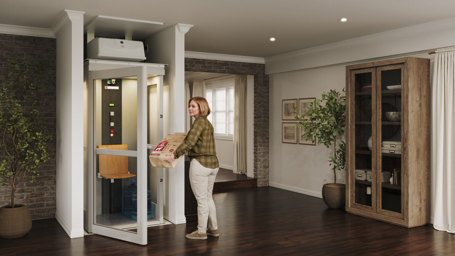 Home elevator seamlessly integrated into a modern two-story residence