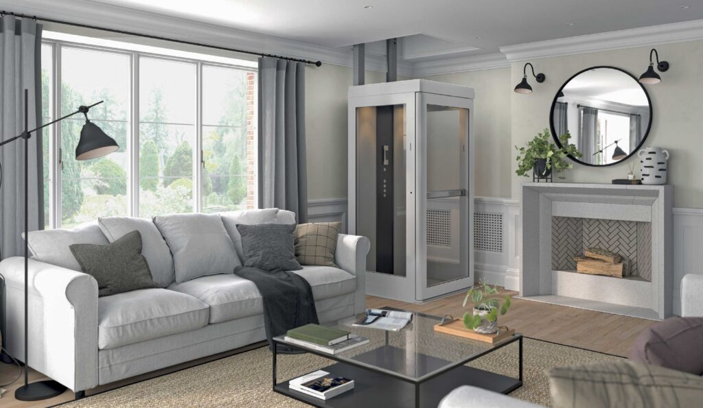 Home elevator seamlessly integrated into an elegant living room setting