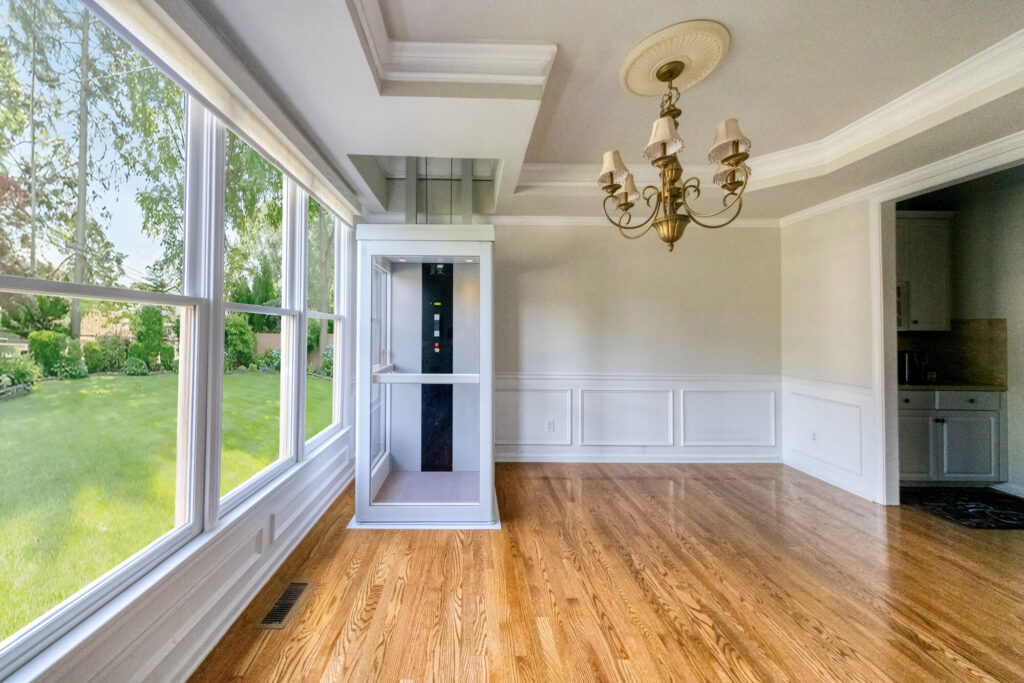 Residential elevator installation showing how the cab integrates with home architecture
