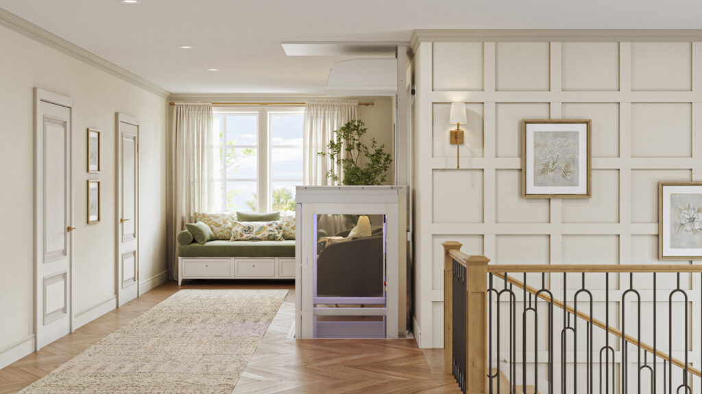 Interior upper view of a residential elevator showing spacious cab and premium finishes