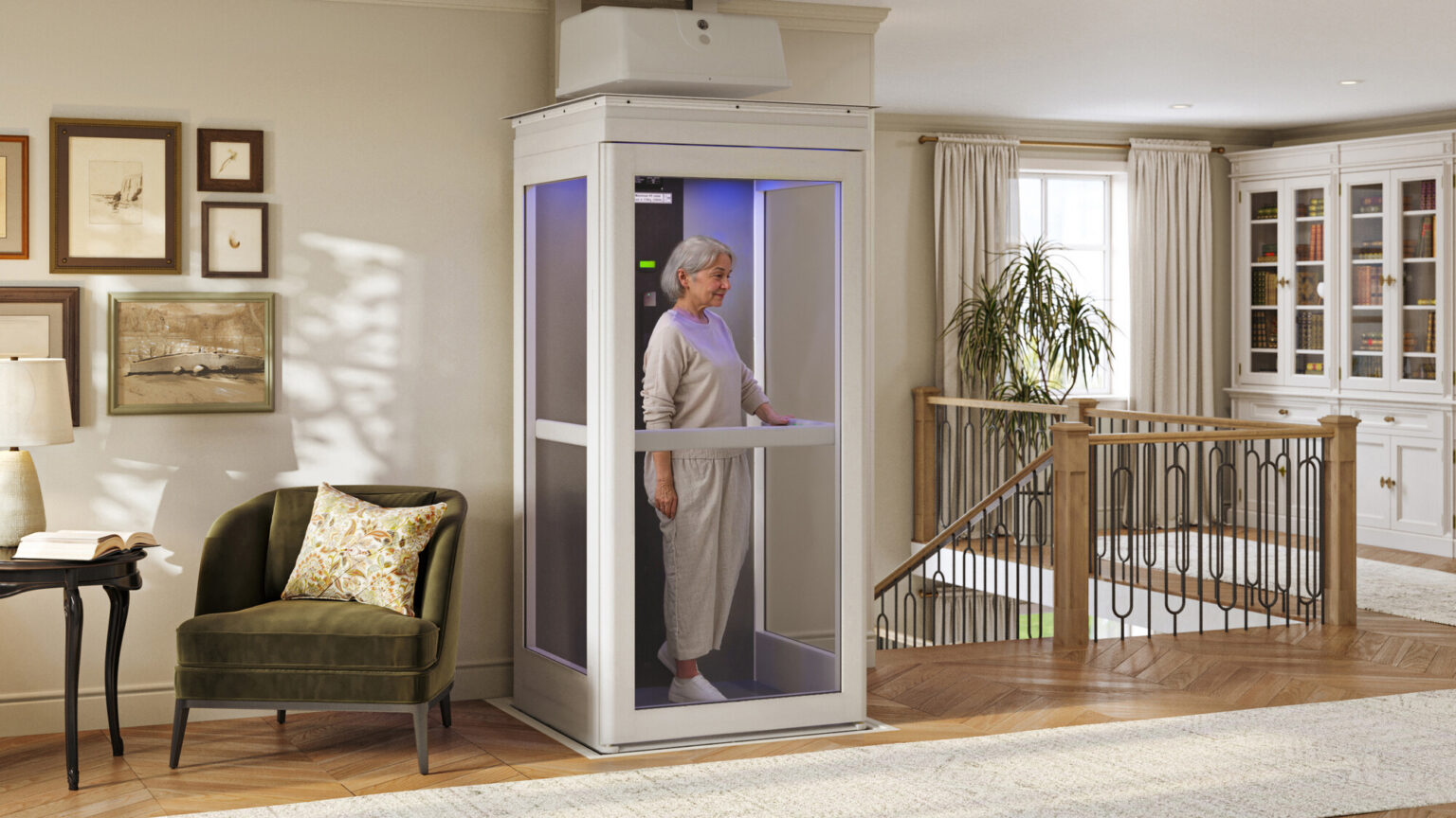 Elegant home elevator with open door showing inviting interior and custom finishes